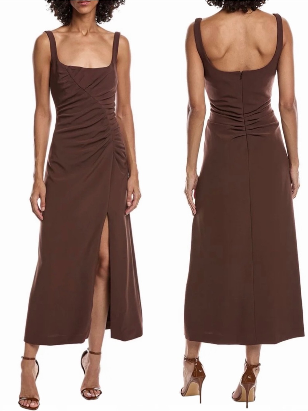 Lela Rose Women’s Brown Asymmetric Ruched Crepe Cocktail Midi Sundress Size 18